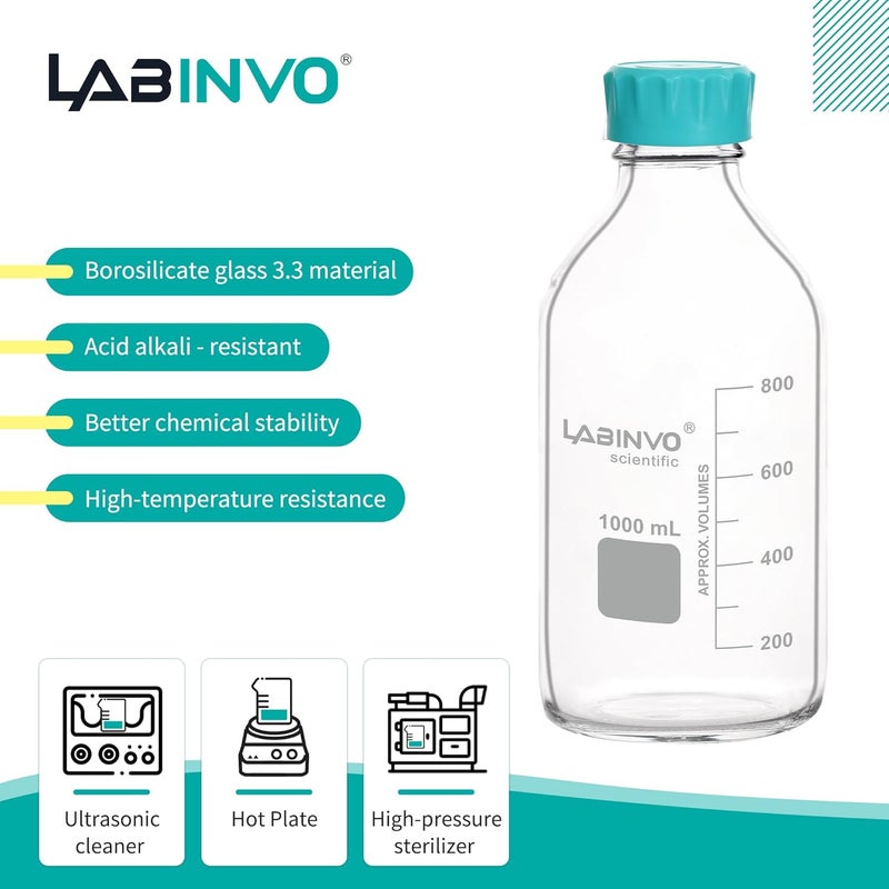 LINVO Glass Round Media Bottles, Vol.1000ml Borosilicate Glass Reagent Storage Bottle with GL45 Screw Cap, IN-RB1000A - Image 3